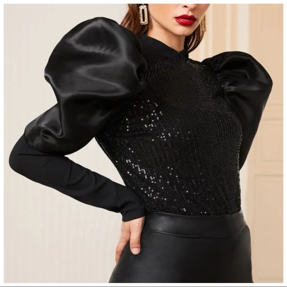 🎁 The Fotina Black Sequin Dramatic Tulle Sleeve Top - Picture 3 of 6
